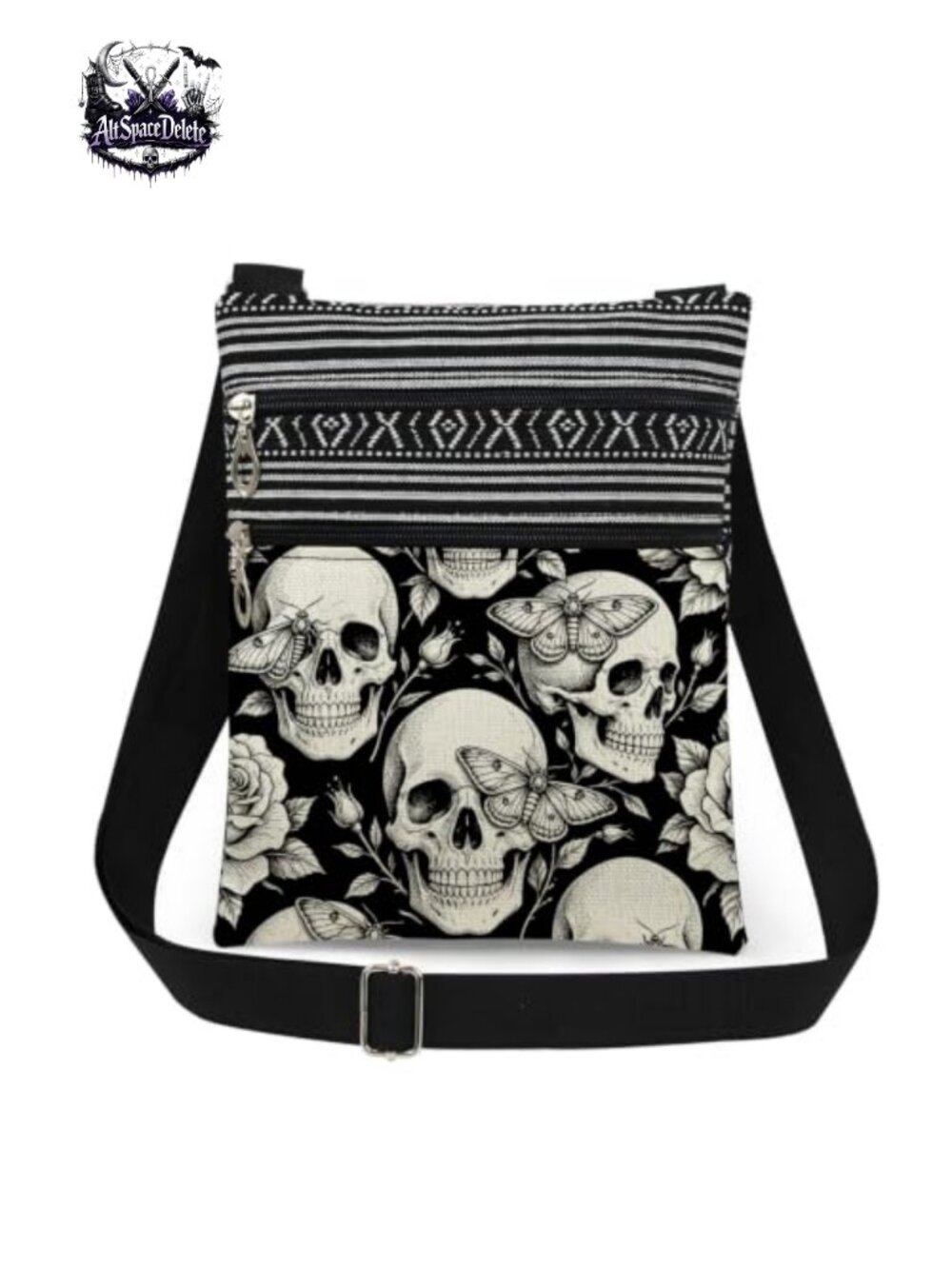 Skull Crossbody Bag Polyester Moth Rose Print Adjustable Strap Small Purse